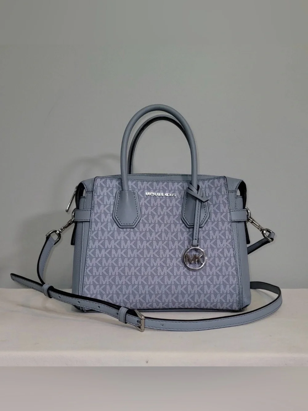 Michael Kors Mercer Satchel Crossbody Pale Blue Monogram Canvas Small